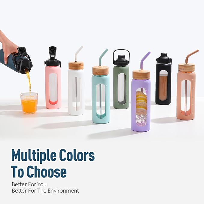 Kodrine Water Bottle with Straw, 24 oz Glass water Bottle with 2 Lids Bamboo Straw Lid and Spout Lid with Handle, 32 oz Clear Water Bottle Glass for Sports Travel, Waterbottle with Time Marker