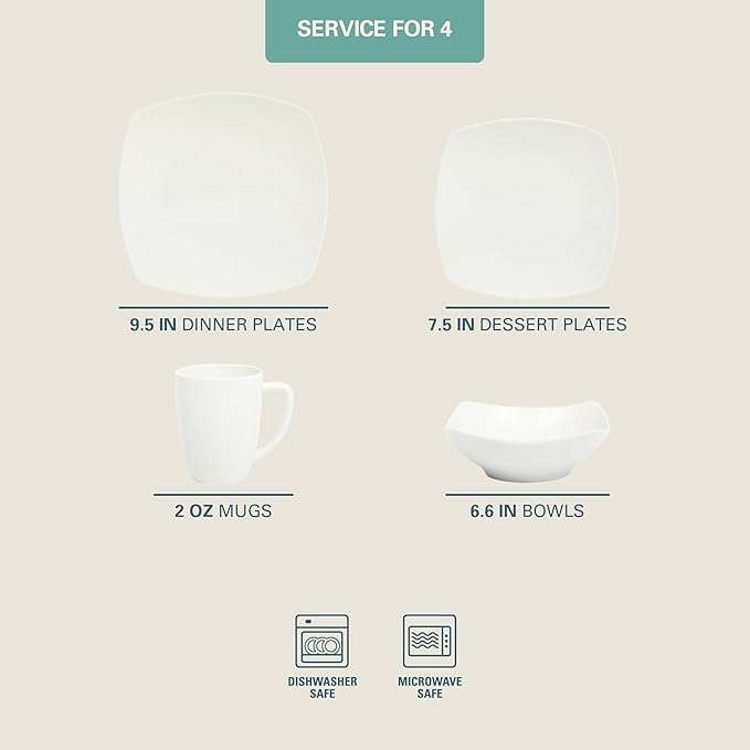 Gibson Home Zen Buffet Porcelain Chip and Scratch Resistant Dinnerware Plates, Bowls, and Mugs Set, Service for 4 (16pcs), White (Square Dishes)