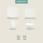 Gibson Home Zen Buffet Porcelain Chip and Scratch Resistant Dinnerware Plates, Bowls, and Mugs Set, Service for 4 (16pcs), White (Square Dishes)