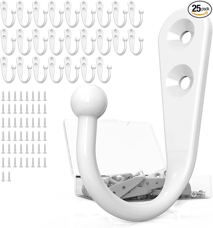 25PCS Wall Hooks | Hooks for Hanging | Wall Hooks for Hanging | Coat Hooks | Hooks for Hanging Heavy Duty | Wall Hangers with 50 Pieces Screws（White）