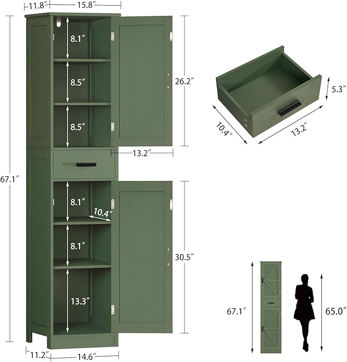 WEENFON Tall Bathroom Cabinet, Narrow Storage Cabinet with 6 Shelves & Drawer, Storage Cabinet with Adjustable Shelves, Tall Cabinet for Living Room, Home Office, Forest Green