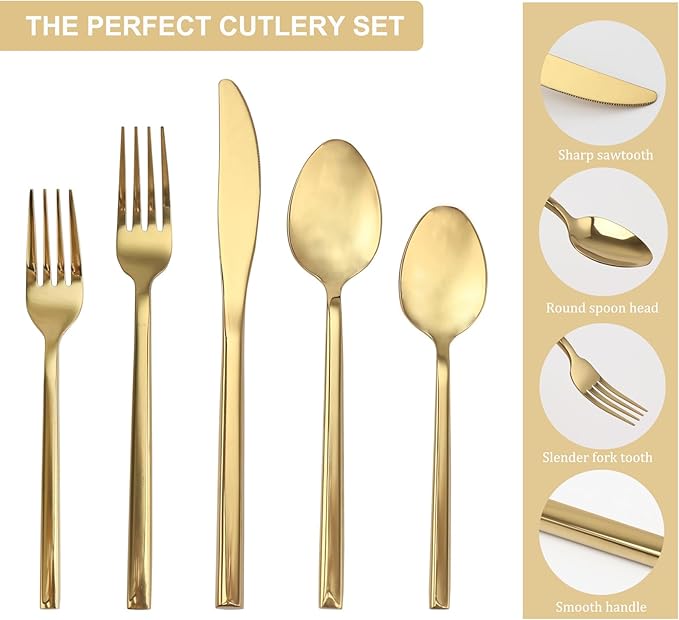 20 Piece Silverware Set for 4,Stainless Steel Flatware Set,Tableware Cutlery Set for Home and Restaurant Include Forks Knives Spoons,Mirror Finish,Dishwasher Safe (Gold)