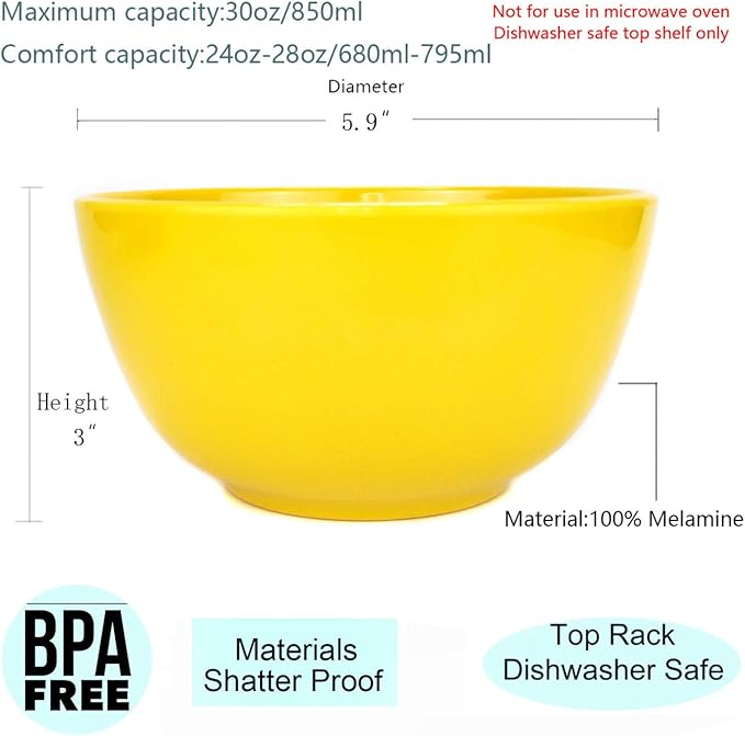 KX-WARE Melamine Bowls set - 28oz 6inch 100% Melamine Cereal/Soup/Salad Bowls, Set of 12 in 6 Assorted Colors | Shatter-Proof and Chip-Resistant Dishwasher Safe, BPA Free