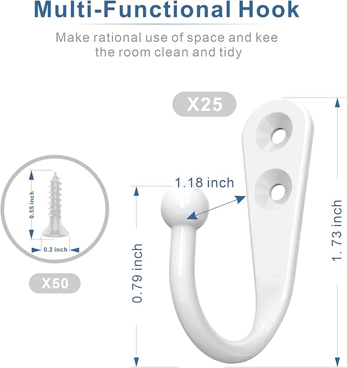 25PCS Wall Hooks | Hooks for Hanging | Wall Hooks for Hanging | Coat Hooks | Hooks for Hanging Heavy Duty | Wall Hangers with 50 Pieces Screws（White）