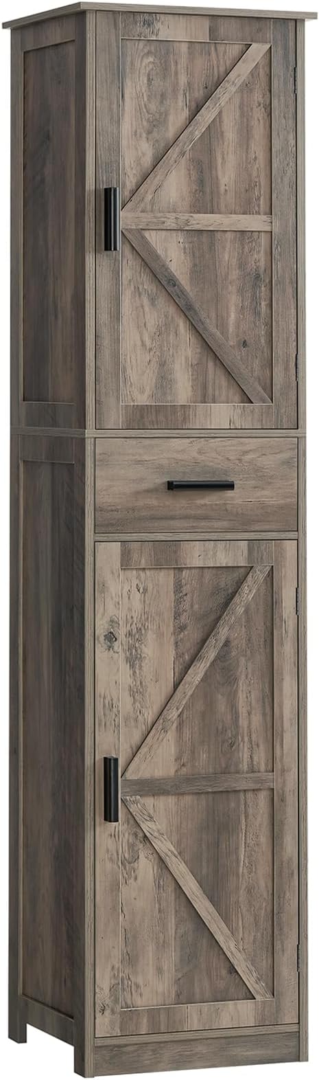 WEENFON Tall Storage Cabinet, Bathroom Cabinet with 6 Shelves & Drawer, Narrow Storage Cabinet with Adjustable Shelves, Tall Cabinet for Living Room, Home Office, Dark Oak
