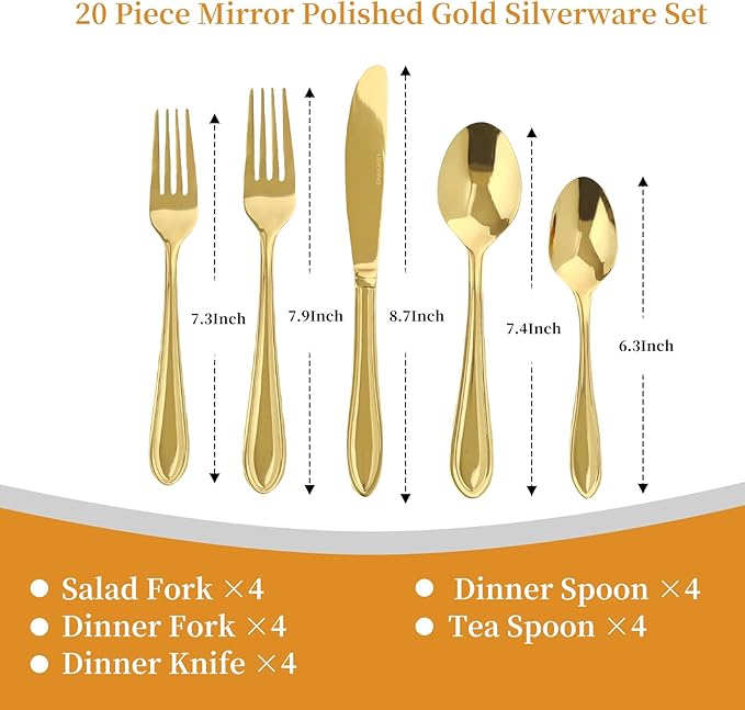Gold Silverware Set, 20 Piece Flatware Cutlery Set for 4,18/0 Stainless Steel Utensils,Mirror Polished Modern Tableware for Home & Kitchen Dining Wedding, Party