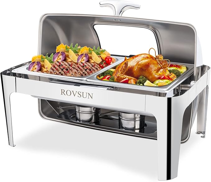 ROVSUN Roll Top Chafing Dish Buffet Set,NSF 9 Quart Rectangular Stainless Steel Chafer for Catering,Buffet Servers and Warmers Set with Glass Window for Wedding, Parties, Banquet, Events,2 Half Size