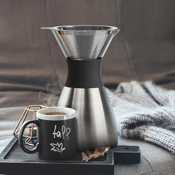 asobu Insulated Pour Over Coffee Maker (32 oz.) Double-Wall Vacuum, Stainless-Steel Filter and Take on the Go Carafe (Silver)