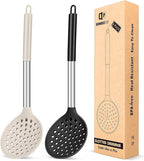 Kitchen Ladle Strainer Set of 2 Large Slotted Spoon with High Heat Resistant BPA Free Non Stick Cooking Skimmers For Draining and Frying (Black-Khaki)