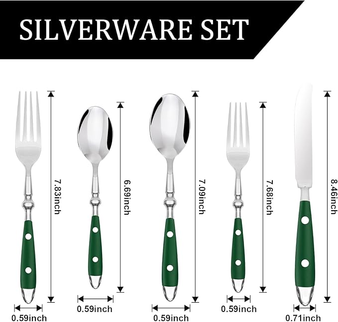 5-Piece Silverware Set, 304 Riveted Stainless Steel Flatware Set, Service for 1, Vintage Cutlery Set with Green Bakelite Handle, Mirror Polished | Rustic | Dishwasher Safe
