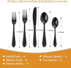 Black Silverware Set, 20-Piece Stainless Steel Flatware for 4, Heavy-Duty 18/0 Stainless Steel Utensils,Mirror Polished Dishwasher Safe for Home & Kitchen Dining