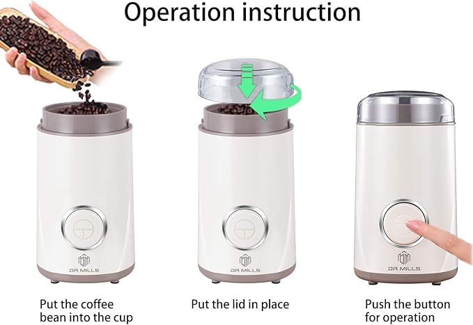 DR MILLS DM-7441 Coffee Grinder Electric, Coffee Bean and Dried Spice Grinder, One Touch Operation, Blade and cup made with SUS304 stainless steel (White)