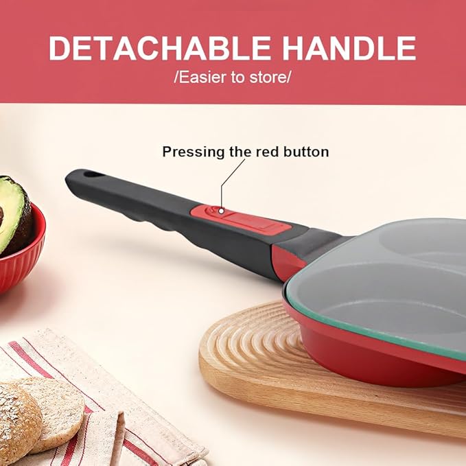4-Cup Egg Pan with Lid, Nonstick Omelette Skillet with Detachable Handle, Pancake Pan Egg Cooker Induction Compatible