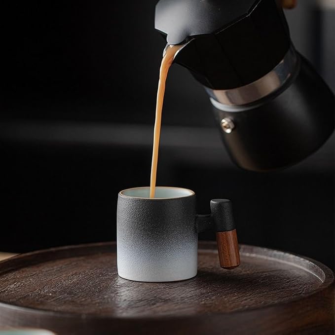 2-Oz Ceramic Espresso Cups with Wood Handle, 2/4-Piece Set for Coffee, Tea, Latte - Dishwasher Safe, Multi-Color & Wood Styles, Gift & Café Use (black white, Wooden Handle2)
