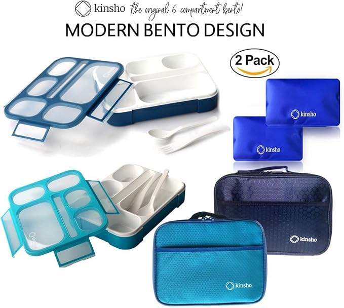 Bento-Box with Bag and Ice Pack Set. Lunch Boxes Snack Containers Kids Boys Girls Adults. 6 Compartments, Leakproof Portion Boxes Insulated Bags for School Lunches, BPA Free (Blue + Navy)