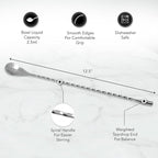 Bar Spoon: 12.5” Stainless Steel Cocktail Mixing Spoon, Long Handle Spiral Design with Weighted Teardrop End (Set of 2)