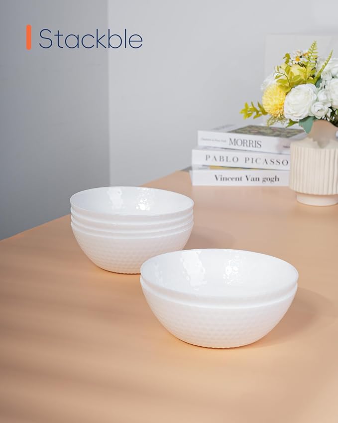 27 OZ Max Cereal Soup Bowl Set of 6, Thin Light & Durable Opal Glass 7.2 inch White Geometric Faceted Bowls for Ramen, Noodle, Salad, Fruit, Dishwasher and Microwave Safe