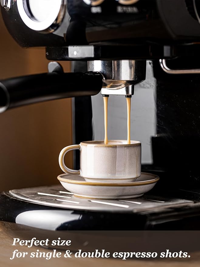 Gomakren 2.5 Ounce Espresso Cups Set of 4, Small Stackable Coffee Cups with Saucers and Metal Stand, Halloween Porcelain Demitasse Cups for Specialty Coffee Drinks, Espresso, Cappuccino, Latte, White