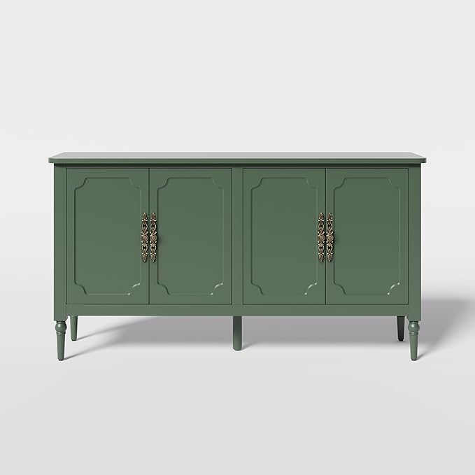 Console Cabinet, 58'' Mid Century Modern Pantry Cabinet, Wood Buffet Cabinet, Media Cabinet with 4 Doors, for Entryway, Living Room, Bedroom, Dining Room (Green)