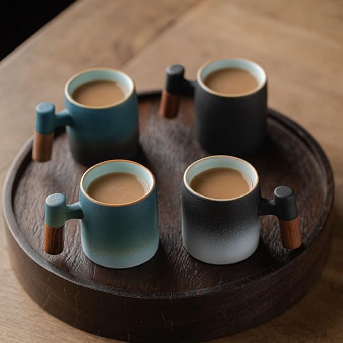 2-Oz Ceramic Espresso Cups with Wood Handle, 2/4-Piece Set for Coffee, Tea, Latte - Dishwasher Safe, Multi-Color & Wood Styles, Gift & Café Use (black, Wooden Handle4)