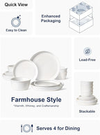 LE TAUCI 12‑Piece Ceramic Plates and Bowls Set, Service for 4 – White Farmhouse Dinnerware Sets with Deeper Plates (10" Dinner, 8" Salad, 6" Bowls), Dishwasher & Microwave Safe Stoneware Dishes