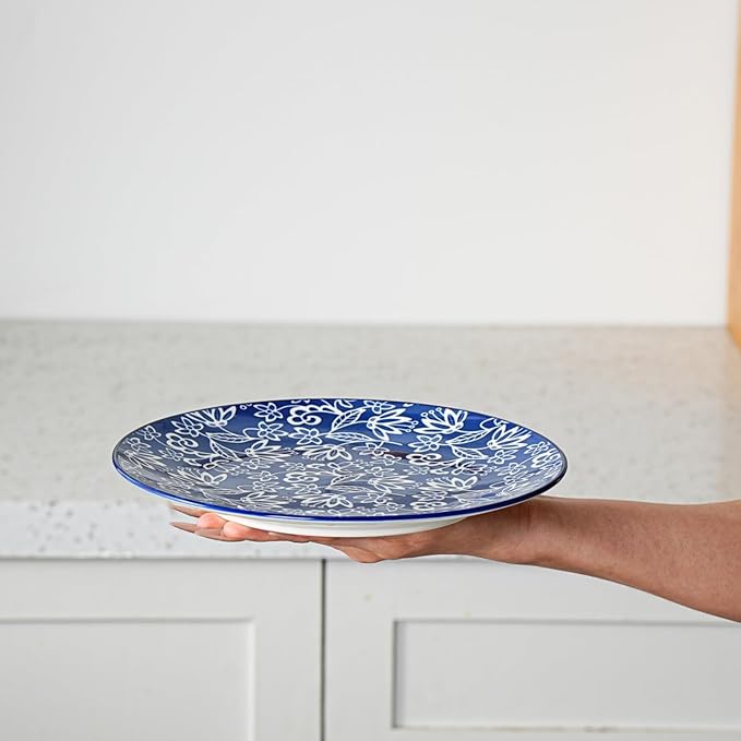 Ceramic Salad Plates Set - 8.5 Inch Small Round Dessert Dishes for Kitchen Dinner Pasta Appetizer Sandwich - Scratch Resistant Porcelain Microwave Oven Dishwasher Safe - Set of 6 - Vintage Blue