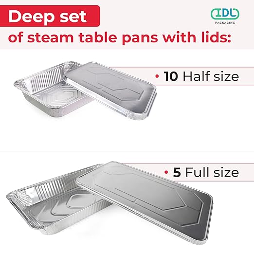 IDL Packaging Aluminum Foil Pans with Lids, Deep - 15 pc Chafing Dish Set - 5 Full Size and 10 Half Size Steam Table Pans + Lids - Disposable Cookware for Catering, Buffet, Party, BBQ