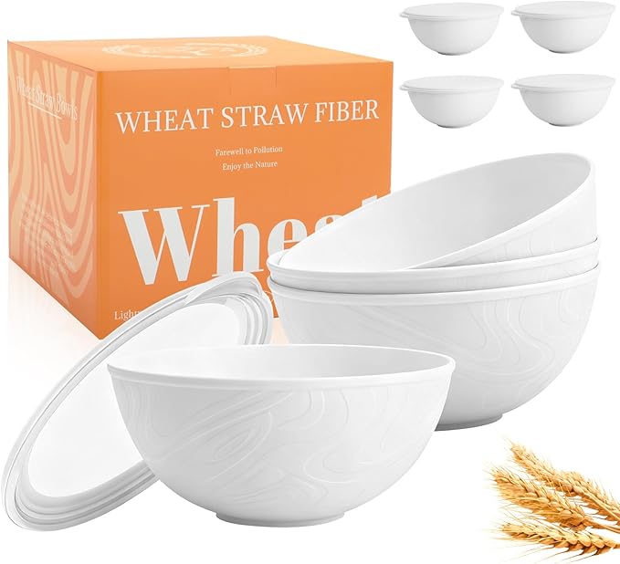 Wheat Straw Bowls Set 40 OZ, Unbreakable Bowls with Dust-Proof Lids Set of 4, Microwave & Dishwasher Safe, Alternative Reusable Plastic Bowl for Cereal, Soup, Salad and Ramen, White