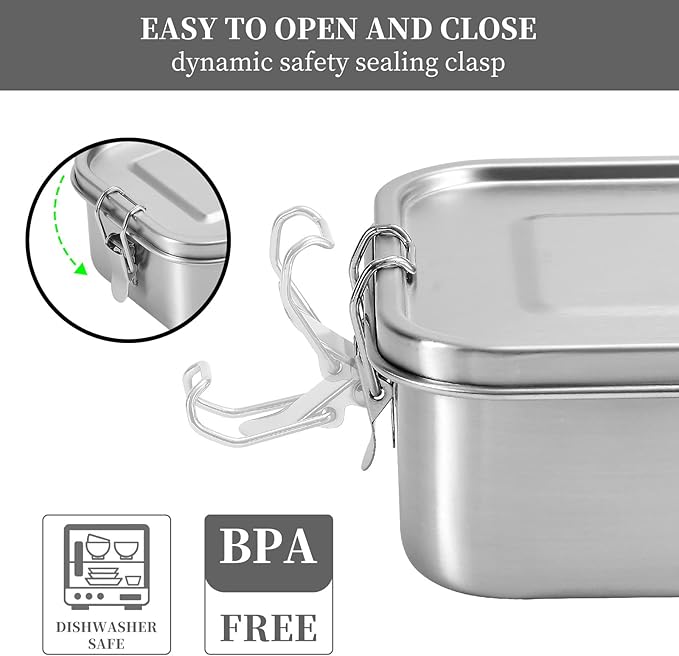UPTRUST Stainless Steel Lunch Box, 800ML/27oz, Metal Bento Boxes with Lockable Clips t, Adjustable Divider included, Metal Lunch box for Travel & Work