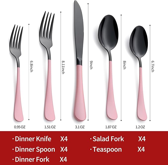 20-Piece Black and Red Silverware Set 18/0 Stainless Steel Flatware Warm Pink Handle Cutlery Set Service for 4 Dinner Knives Forks Spoons Set Mirror Finish Dishwasher Safe