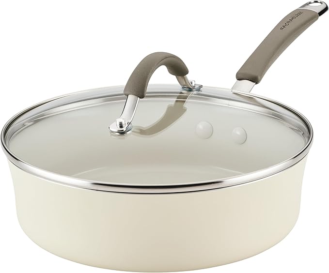 Rachael Ray Cucina Ceramic Nonstick Saute Pan with Lid, 3 Quart Non Stick Sauteuse Pan, Dishwasher Safe - Almond