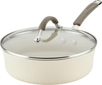 Rachael Ray Cucina Ceramic Nonstick Saute Pan with Lid, 3 Quart Non Stick Sauteuse Pan, Dishwasher Safe - Almond