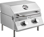 VEVOR Tabletop Gas Grill, 2-Burner Stainless Steel Portable Propane Grill, with Built-in Thermometer, Travel Locks, Weatherproof Lid, 15,000 BTU Total, for Outdoor Cooking, Patio, Party, Camping, RV