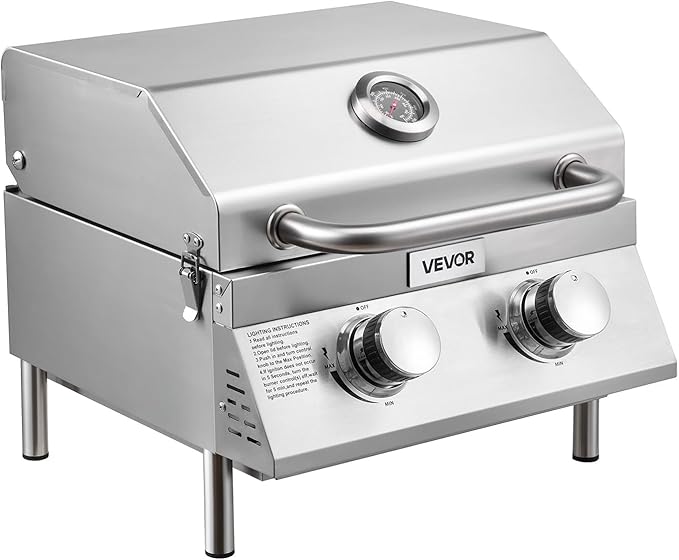 VEVOR Tabletop Gas Grill, 2-Burner Stainless Steel Portable Propane Grill, with Built-in Thermometer, Travel Locks, Weatherproof Lid, 15,000 BTU Total, for Outdoor Cooking, Patio, Party, Camping, RV