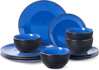 Plates and Bowls Sets for 4 - CJDC-QUELO 12-Piece Stoneware Dinnerware Sets, Ceramic Dishware Set for Indoor Kitchen Use and Formal Dining, Chip and Scratch Resistant Microwave Dishwasher Safe, Blue