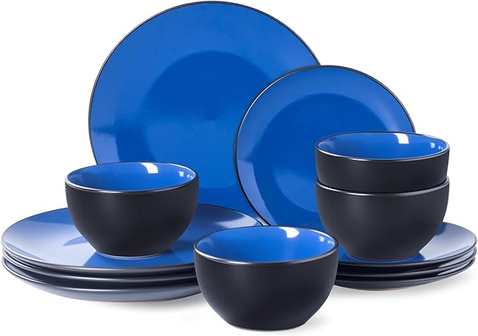 Plates and Bowls Sets for 4 - CJDC-QUELO 12-Piece Stoneware Dinnerware Sets, Ceramic Dishware Set for Indoor Kitchen Use and Formal Dining, Chip and Scratch Resistant Microwave Dishwasher Safe, Blue