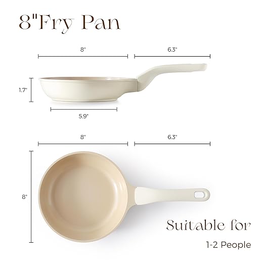 Nonstick Ceramic Frying Pan, 8/10 Inch Skillet with Stay Cool Handle, Fully Coated, Induction Compatible & Oven Safe, 100% Dishwasher Safe, PTFE PFAS & PFOA Free（8 Inch, Coconut White）