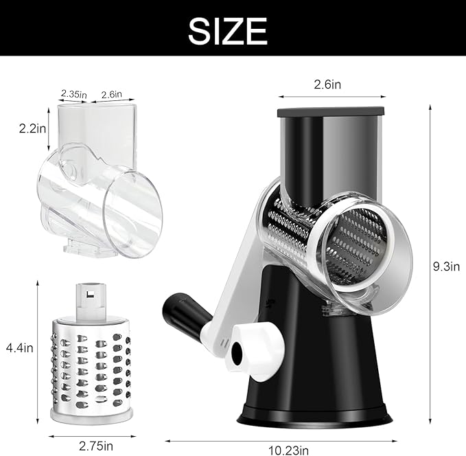 Cambom Rotary Cheese Grater Hand Crank Cheese Shredder for Fresh Cheese, Vegetable, Nuts,Non-slip Suction Base, Free Cleaning Brush Three Blades, Black