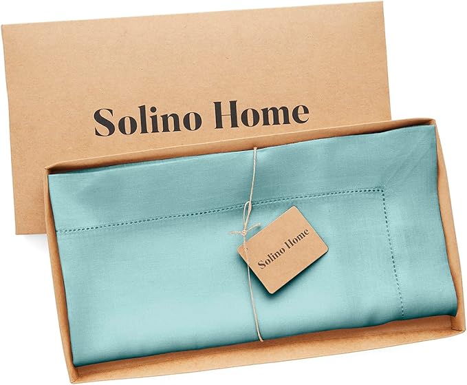 Solino Home Linen Square Tablecloth 52 x 52 Inch - 100% Pure Linen Aqua Blue Table Throw - Classic Hemstitch, Machine Washable Table Cloth for Summer