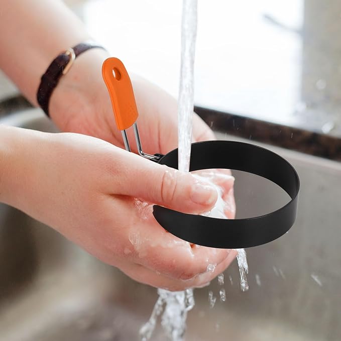 6 Pcs 3.5" Egg Rings with Silicone Handle, Round Pancake Mold with Silicone Oil Brush for Frying Eggs, English Muffins, Indoor Camping Breakfast Sandwiches