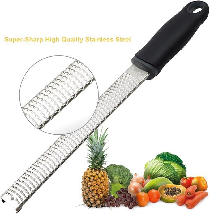 Lemon Zester, Stainless Steel Kitchen Cheese Grater, Plastic Cover Ergonomic Soft Black Handle