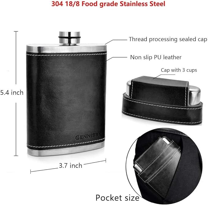 GENNISSY 18/8 Stainless Steel 8oz Flask - Americal Flag Black Leather with 3 Cups and Funnel 100% Leak Proof(Black Without US Flag)