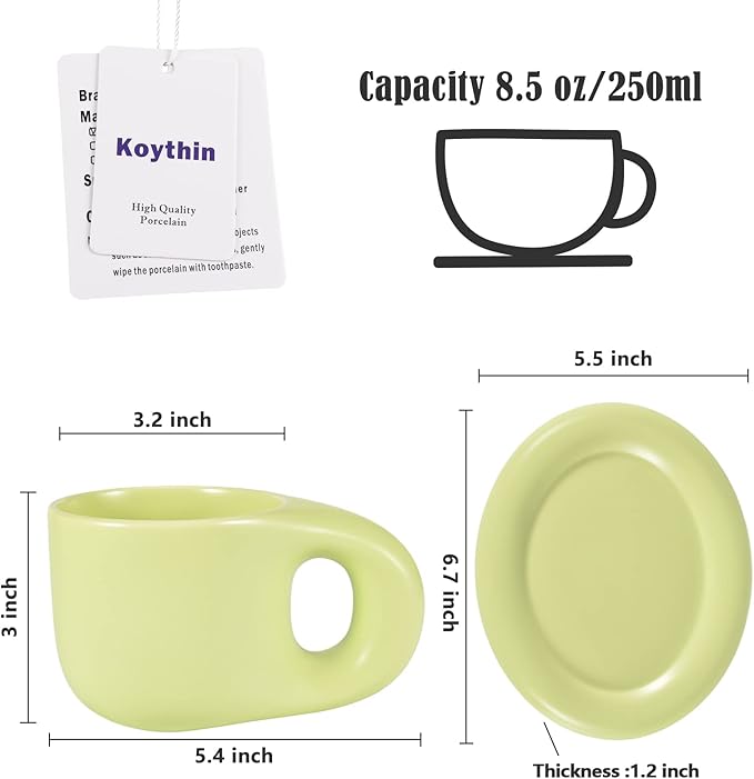 Koythin Ceramic Coffee Chubby Mug Saucer Set, Creative Cute Fat Handle Cup with Saucer for Office and Home, Dishwasher and Microwave Safe, 10 oz for Latte Tea Milk (Green)