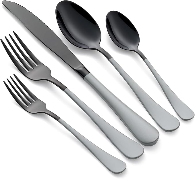 20-Piece Black Silverware Set 18/0 Stainless Steel Flatware Gray Handle Cutlery Set Service for 4 Dinner Knives Forks Spoons Set Mirror Finish Dishwasher Safe
