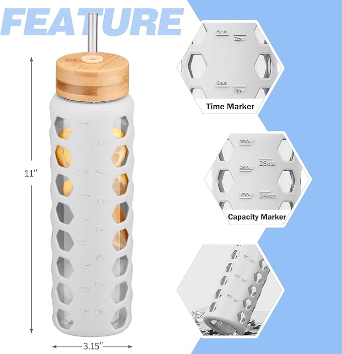 MUKOKO Glass Water Bottles, 32oz Glass Tumbler with Straw, Drinking Bottles with 2 Lids-Handle Spout Lid&Bamboo Straw Lid, Motivational Water Bottle with Time Marker and Silicone Sleeve, 1 Pack-White