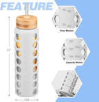 MUKOKO Glass Water Bottles, 32oz Glass Tumbler with Straw, Drinking Bottles with 2 Lids-Handle Spout Lid&Bamboo Straw Lid, Motivational Water Bottle with Time Marker and Silicone Sleeve, 1 Pack-White