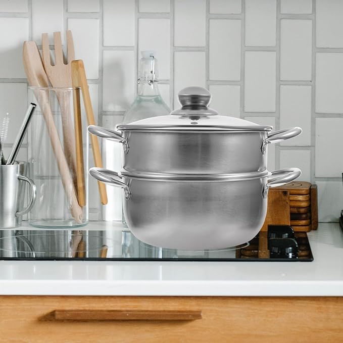 PRETYZOOM Stainless Steel Steamer Pot 9 Inch with Lid Multi-Use Cooking Steamer for Vegetables Seafood Soup Kitchen Cookware