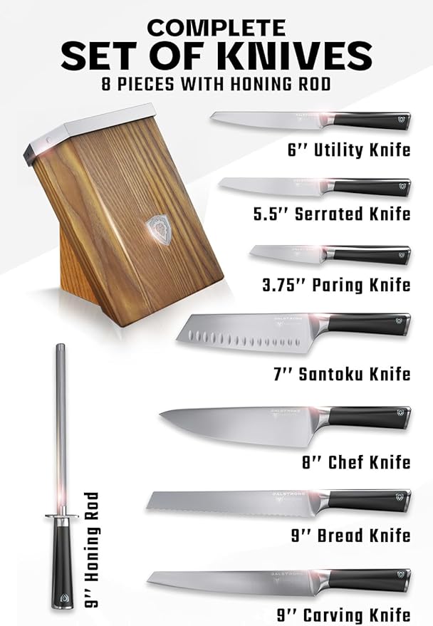 Dalstrong Knife Block Set-8pc-Vanquish Series-Forged High Carbon German Steel-Kitchen Knife Set-Premium Wood Block-Black POM Handle-NSF Certified-Men's Valetines Gift