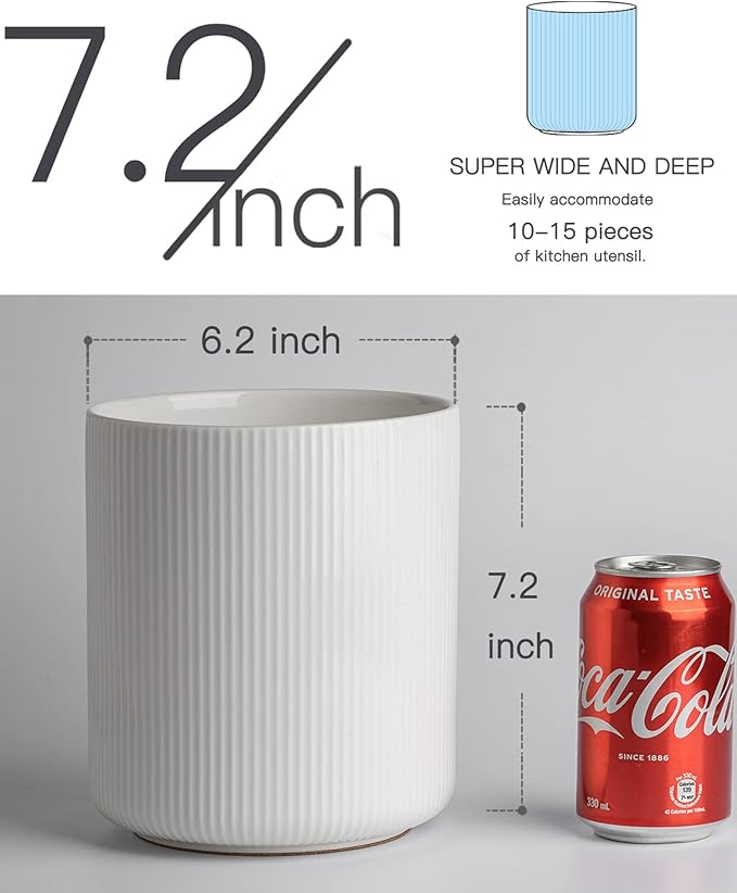 getstar Large Kitchen Utensil Holder for Kitchen Counter (H7.2” x W6.2”), Ceramic Cooking Utensil Holder with Cork Mat (White, Utensils Not Included)