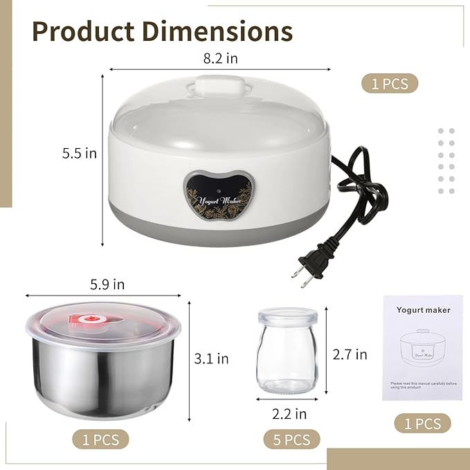 15W Yogurt Maker Machine, 1.2 L Automatic Stainless Steel Yogurt Maker with 5 Tight Seal Glass Jars, Auto Constant Temperature, PTC Heating, Home Yogurt Machine, Healthy Present